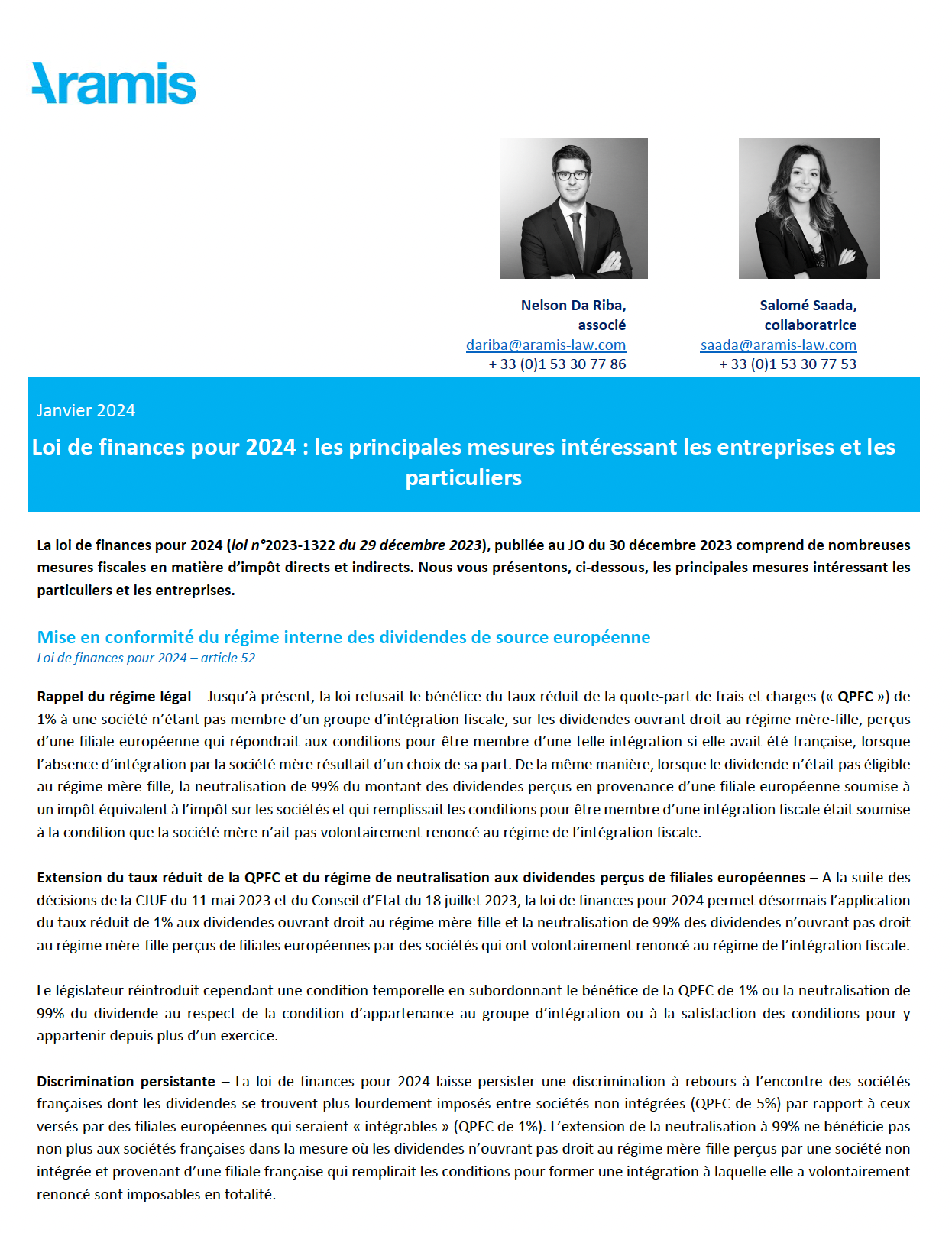 Loi de Finances pour 2024 - Aramis